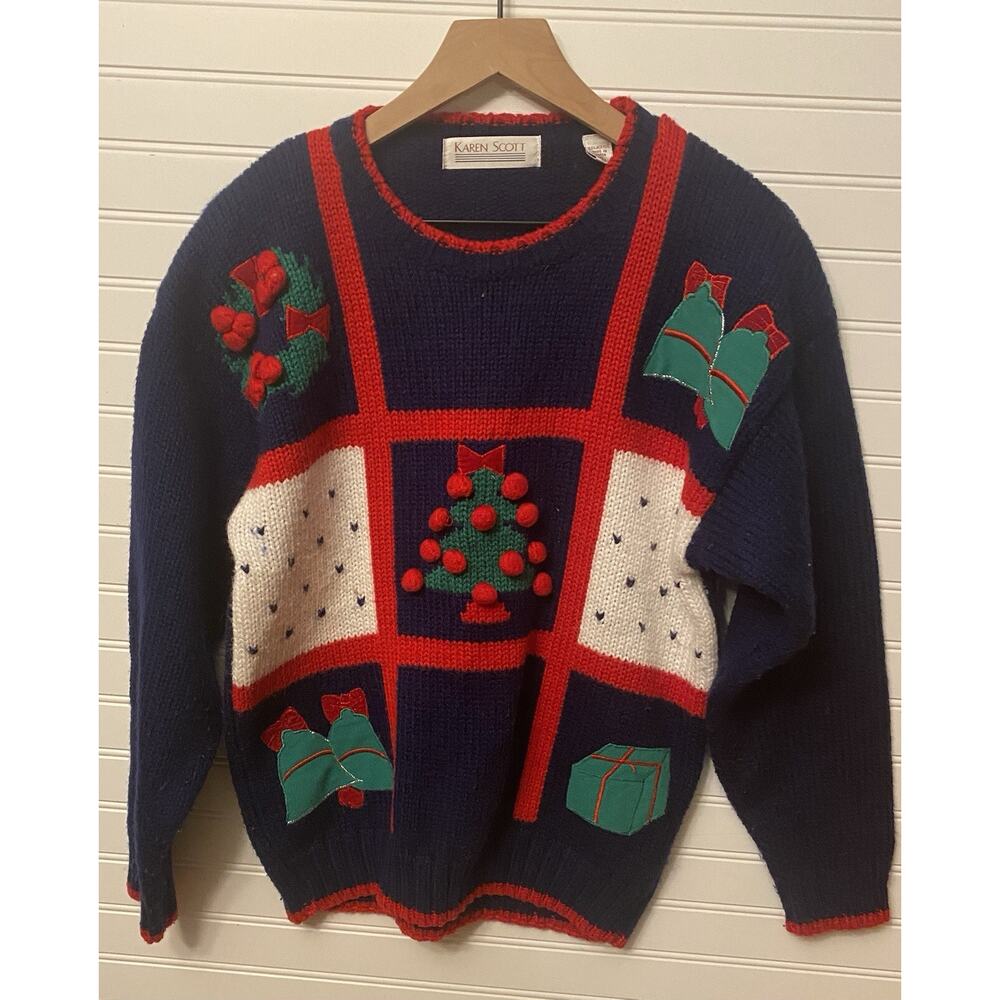 Karen Scott Sweater Womens Small Christmas Blue Red Shoulder Pads